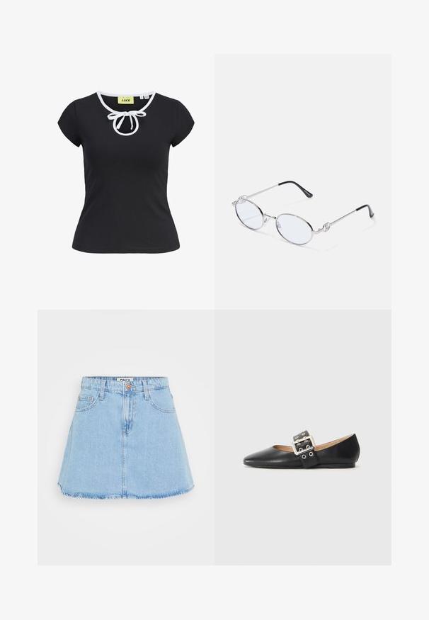 Camiseta negra de manga corta en tela suave con cuello redondo, ribete blanco y un detalle de lazo central en el cuello. Talla pequeña.; Falda de mezclilla azul claro con forma acampanada, diseño de cinco bolsillos y dobladillo sin terminar. Presenta un cierre frontal con botones y trabillas para cinturón.; Zapato plano de cuero negro con punta puntiaguda y una tira decorativa con hebilla, con herrajes plateados y pequeños recortes.; Gafas ovaladas de metal plateado con lentes transparentes, que cuentan con acentos decorativos en los laterales y puntas negras en las patillas para mayor agarre y comodidad.
