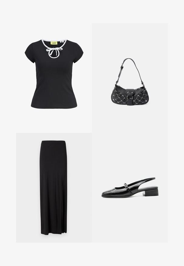 T-shirt noir à manches courtes en tissu doux avec un col rond, des bordures blanches et un nœud central au niveau du cou. Taille petite.; Jupe maxi noire en matériau doux et élastique. Elle présente une fente latérale et un design simple et épuré sans embellissements.; Chaussure slingback en cuir verni noir avec un petit talon bloc et une fine bride avec une boucle argentée sur le dessus.; Sac à main noir avec texture matelassée, doté de quincaillerie en argent, d'une forme incurvée et d'une seule bandoulière réglable. Fermeture zippée sur le dessus.