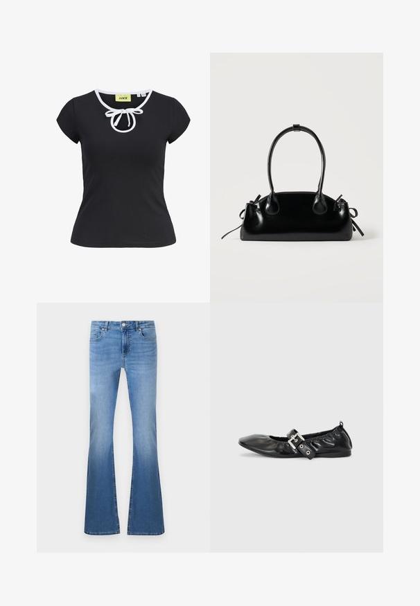 T-shirt noir à manches courtes en tissu doux avec un col rond, des bordures blanches et un nœud central au niveau du cou. Taille petite.; Jeans évasés bleu clair avec une finition délavée, dotés d'une fermeture à bouton et à glissière à l'avant, de cinq poches et de détails de couture visibles.; Chaussure plate en cuir noir avec un nez pointu, des détails froncés autour de l'ouverture et un accent en boucle argentée sur la bride ajustable.; Petit sac à main noir brillant avec deux longues anses et des détails à cordon sur les côtés sur un fond clair uni.