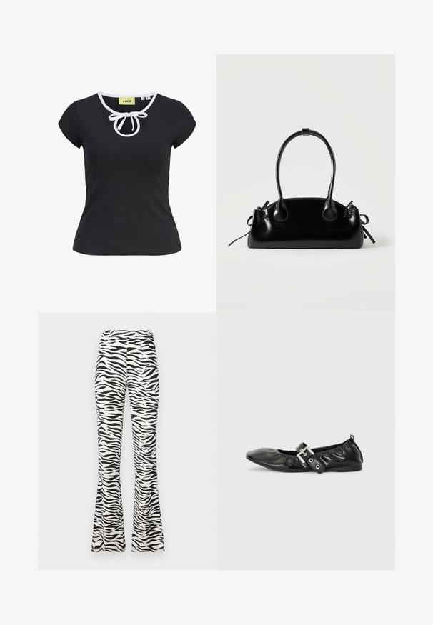 T-shirt noir à manches courtes en tissu doux avec un col rond, des bordures blanches et un nœud central au niveau du cou. Taille petite.; Pantalons évasés noir et blanc avec un motif zèbre, fabriqués en tissu léger avec une taille élastique pour plus de confort.; Chaussure plate en cuir noir avec un nez pointu, des détails froncés autour de l'ouverture et un accent en boucle argentée sur la bride ajustable.; Petit sac à main noir brillant avec deux longues anses et des détails à cordon sur les côtés sur un fond clair uni.