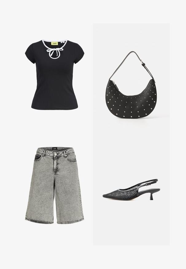 Sort kortærmet T-shirt i blødt stof med rund halsudskæring, hvid kant og en central sløjfedetalje ved halsen. Størrelse small.; Denimshorts i falmet sort med løs pasform, der har høj talje, fem-lomme design og synlige syninger.; Sort mesh spids slingback-sko med kitten-hæl og justerbar ankelremspænd på hvid baggrund.; Sort læderhåndtaske med en buet form, prydet med sølvfarvede nitter, med lynlåslukning og et enkelt justerbart strop.