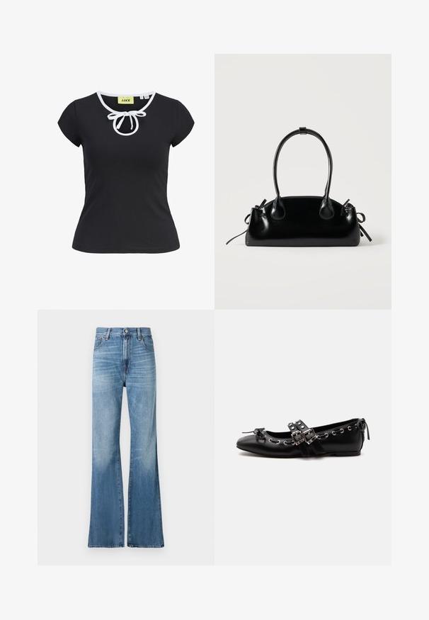 Schwarzes Kurzarm-T-Shirt aus weichem Stoff mit Rundhalsausschnitt, weißen Akzenten und einer zentralen Schleifenapplikation am Hals. Größe S.; Replay BECKA PANTS - Jeans Relaxed Fit - medium blue; Schwarzer flacher Ballettschuh mit doppelten Schnallenriemen, silbernen Ösen und einer kleinen Schleife nahe der abgerundeten Spitze auf weißem Hintergrund.; Kleine schwarze glänzende Handtasche mit zwei langen Griffen und seitlichen Kordelzug-Details vor einfachem hellem Hintergrund.
