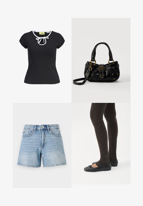 Zwarte korte mouwen T-shirt van zachte stof met een ronde halslijn, witte afwerking en een centrale strikdetail bij de hals. Maat small.; Lichtblauwe denim shorts met een hoge taille, vijf zakken en een rafelige zoom. Voorzien van subtiele vervagingen en gouden stikdetails.; Benen met donkere geribbelde leggings gecombineerd met zwarte ballerina's met kleine strikdetails op een witte achtergrond.; Zwarte leren handtas met gouden gesp en klinknagel details, korte handvatten en een verstelbare schouderriem op een effen witte achtergrond.