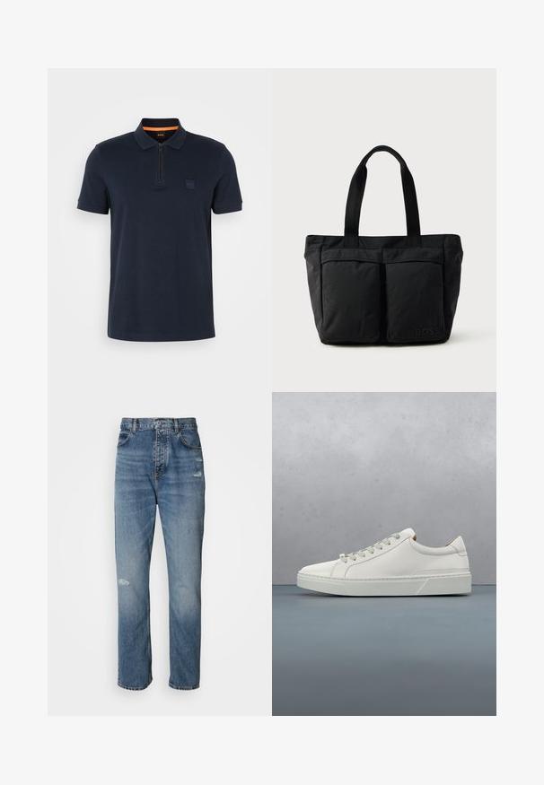 Polo shirt marine avec un col zippé, doté d'une petite écusson sur la poitrine et de manches courtes. Matière en mélange de coton avec une texture lisse.; Jean en denim bleu clair au design droit, avec une fermeture à bouton et zip, cinq poches et des détails usés près des genoux.; Baskets en cuir blanc avec un bout arrondi, design minimaliste, lacets gris et semelle en caoutchouc gris texturé. Détails de couture subtils visibles.; Sac fourre-tout noir en tissu doux, avec deux poches avant et des anses robustes. Logo affiché sur le côté. Design simple et fonctionnel.