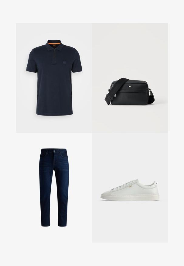 Marine polo shirt met een ritskraag, voorzien van een kleine logo patch op de borst en korte mouwen. Gemaakt van een katoenmix met een soepele textuur.; Donkerblauwe denim jeans met een recht gesneden ontwerp, vijf zakken en een knoopsluiting. De stof heeft een lichte glans met minimale vervaging.; Witte lage leren sneaker met veters, platte zool en klein gouden "BOSS" logo aan de zijkant, gezien vanaf de buitenkant.; Zwarte gestructureerde leren crossbodytas met voorvak met ritssluiting en verstelbare brede stoffen schouderband op een witte achtergrond.