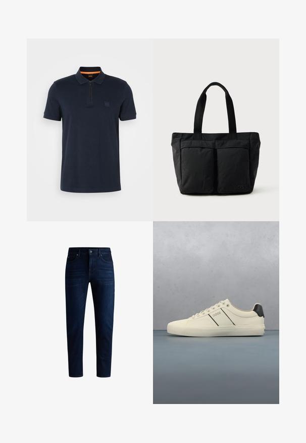 Marineblå polo shirt med lynlås-colar, indeholdende et lille logo-patch på brystet og korte ærmer. Materialet er en bomuldsblanding med en glat tekstur.; Mørkeblå denim jeans med lige ben-design, fem lommer og knaplukning. Stoffet har en svag glans med minimal falmning.; Cremefarvede sneakers med en glat tekstur, der har sorte accenter og branding. Klassisk snørebåndsdesign med rund tå og gummisål.; Sort tote bag med blødt stof, to forlommer og robuste håndtag. Logo vist på siden. Enkel, funktionel design.