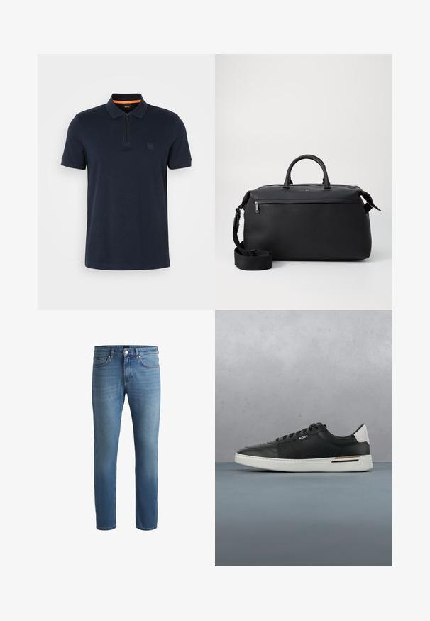 Marineblå polo shirt med lynlås-colar, indeholdende et lille logo-patch på brystet og korte ærmer. Materialet er en bomuldsblanding med en glat tekstur.; Lyseblå denim jeans med almindelig pasform, der har en glat tekstur, fem-lommers design og en lynlåsåbning med knaplukning.; Sort lædersneaker med hvid sål, har perforeringer, snørebåndsdesign, logo på siden og kontrasterende hældetalje i hvid og brun.; Sort læder duffel taske med to top hanke, en aftagelig skulderrem og en lynlåslomme foran til ekstra opbevaring.