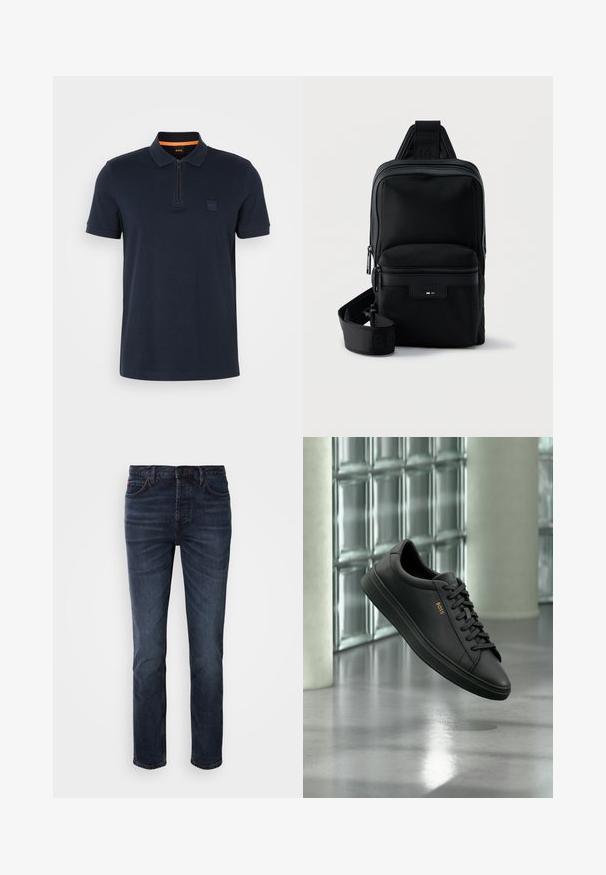 Marineblaues Polohemd mit Reißverschlusskragen, ausgestattet mit einem kleinen Logopatch auf der Brust und kurzen Ärmeln. Material aus Baumwollmischung mit glatter Textur.; Dunkelblaue Denim-Jeans mit geradem Bein, fünf Taschen, einem Knopf- und Reißverschluss sowie dezenten Nähakzenten.; Schwarzer flacher Ledersneaker mit schwarzen Schnürsenkeln und goldenem BOSS-Logo an der Seite, schwebend über einem glänzenden grauen Boden in einem modernen Innenraum.; Schwarze kompakte Umhängetasche mit vorderer Reißverschlusstasche, verstellbarem Riemen und strukturiertem Stoff auf einfarbigem Hintergrund.