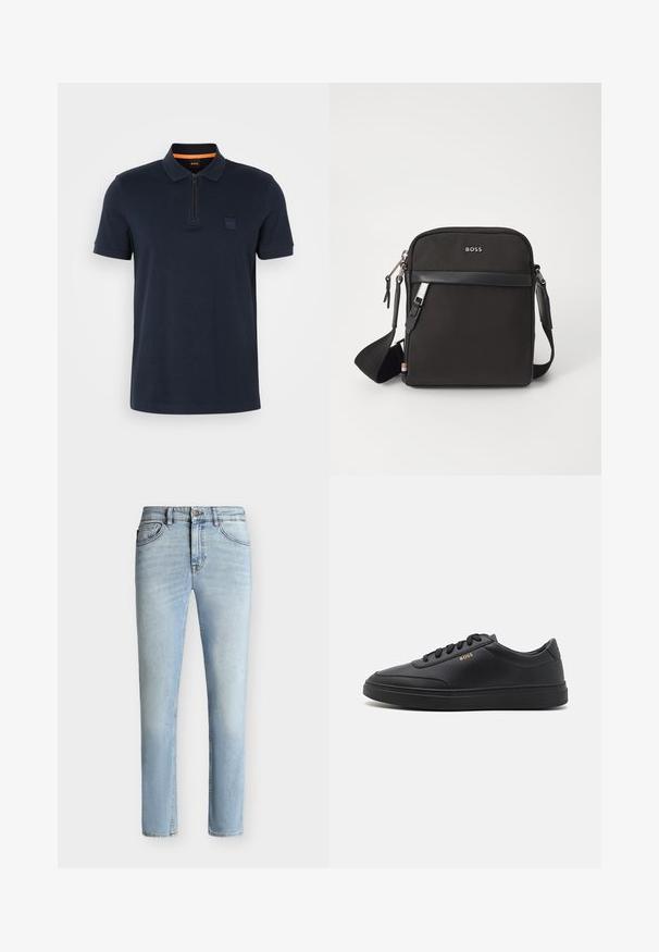 Polo de color marino con cuello con cremallera, que presenta un pequeño parche de logo en el pecho y mangas cortas. Material de mezcla de algodón con una textura suave.; Vaqueros ajustados de denim azul claro con botón y cremallera delanteros, diseño de cinco bolsillos y sutil desgaste desde el muslo hasta la rodilla.; Zapatillas de cuero negro con una textura suave, punta redondeada, suela plana de goma y cordones a tono. Presentan el logotipo dorado "BOSS" en el lateral.; Bolso bandolero negro con un tejido texturizado, logo en la parte frontal, cierre de cremallera y correa ajustable. Presenta un ribete de cuero suave.