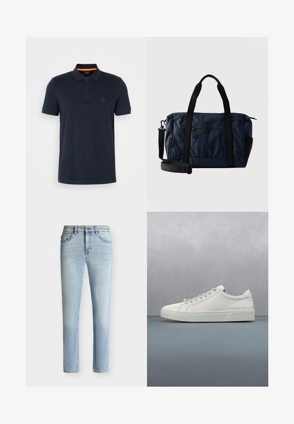 Polo de color marino con cuello con cremallera, que presenta un pequeño parche de logo en el pecho y mangas cortas. Material de mezcla de algodón con una textura suave.; Vaqueros ajustados de denim azul claro con botón y cremallera delanteros, diseño de cinco bolsillos y sutil desgaste desde el muslo hasta la rodilla.; Zapatilla blanca de cuero con punta redondeada, diseño minimalista, cordones grises y suela de goma texturizada gris. Detalles de costura sutiles visibles.; Bolsa de tela azul marino con asas negras, bolsillo frontal con cremallera, correa de hombro ajustable y logo "BOSS" centrado sobre el bolsillo.