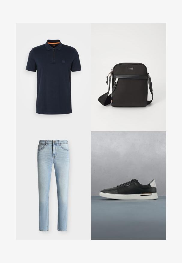 Polo shirt marine avec un col zippé, doté d'une petite écusson sur la poitrine et de manches courtes. Matière en mélange de coton avec une texture lisse.; Jean slim bleu clair en denim avec bouton et fermeture éclair à l'avant, design cinq poches et décoloration subtile de la cuisse au genou.; Sneaker en cuir noir avec semelle blanche, présente des perforations, un design à lacets, logo sur le côté et détail de talon contrasté en blanc et marron.; Sac bandoulière noir en tissu texturé, avec un logo sur le devant, fermeture éclair et une bandoulière réglable. Finitions en cuir lisse.