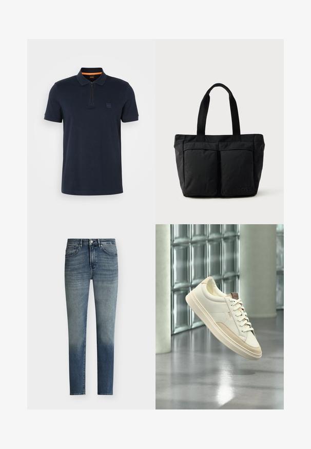 Polo shirt marine avec un col zippé, doté d'une petite écusson sur la poitrine et de manches courtes. Matière en mélange de coton avec une texture lisse.; Jean bleu slim pour homme avec des détails subtils de délavage, fermeture par boutons et design cinq poches.; Sneaker blanc à tige basse avec des accents beiges et des lacets, de la marque « BOSS », flottant au-dessus d’un sol poli avec un mur en blocs de verre en arrière-plan.; Sac fourre-tout noir en tissu doux, avec deux poches avant et des anses robustes. Logo affiché sur le côté. Design simple et fonctionnel.