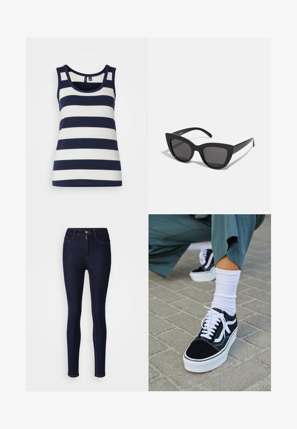Navy ja valge triibuline ilma varrukateta T-särk ümmarguse kaelusega, valmistatud pehmest puuvillasegu riidest, millel on horisontaalsed triibud ja fitted disain.; Tummansiniset skinny-farkut, joissa on denim-kangas, vetoketjuluuppi ja nappikiinnitys. Saumoissa on erottuva ommel.; Mustat mokkakengät valkoisilla yksityiskohdilla ja nauhoilla, joissa on paksu valkoinen pohja ja kontrastivärinen ommel, yhdistettynä valkoiseen sukkaan.; Mustat kissansilmäaurinkolasit, joissa on matta pinta, harmaansiniset linssit, terävät kulmat ja tyylikkäät sivuvarret. Brändin nimi näkyy sisävarsissa.