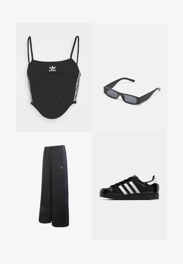 Mustat ribbikangasta crop-topit, joissa on säädettävät ohuet hihnat, kolme valkoista raitaa sivuilla ja pieni valkoinen Adidas-logo keskellä.; Mustat leveälahkeiset housut, joissa on joustava vyötärö, sivutaskut ja kolme tummansinistä raitaa sivuilla sekä Adidas-logo toisessa lahkeessa.; adidas Originals SUPERSTAR II - Matalavartiset tennarit - core black/footwear white/gold metallic; Mustat suorakulmaiset aurinkolasit tummilla linsseillä ja paksuilla mattepinnoilla. Varsien malli on hieman kapeneva ja pinta sileä.