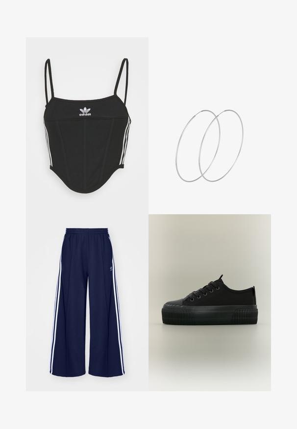 Top corto negro con canalé y tirantes finos ajustables, que presenta tres rayas blancas a los lados y un pequeño logo de Adidas blanco en el centro.; adidas Originals PANT - Pantalones deportivos - night indigo; Zapatilla negra de plataforma con suela gruesa acanalada, cordones en la parte delantera y tiradores en la lengüeta y el talón, mostrada de lado sobre un fondo neutro.; Pendientes de aro plateados con un diseño minimalista. Forma circular, textura suave y perfil delgado. Livianos con un acabado pulido.