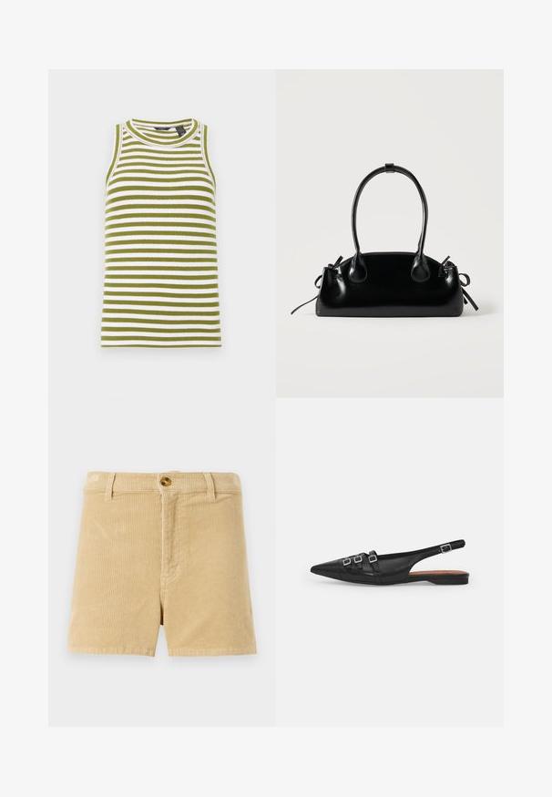 Haut sans manches rayé vert et blanc, avec une texture côtelée, un col rond et une coupe ajustée.; Shorts en velours côtelé khaki avec un motif texturé en relief, dotés d'une fermeture à bouton à l'avant et de deux poches latérales. Design classique à coupe droite.; Chaussure plate noire en cuir avec un bout pointu, dotée de deux lanières horizontales et de boucles carrées en argent, avec un faible talon et une texture lisse.; Petit sac à main noir brillant avec deux longues anses et des détails à cordon sur les côtés sur un fond clair uni.