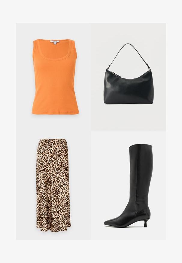 Oranžový rebrovaný tielko bez rukávov s výstrihom do lodi, priliehavý strih a značka Topshop na svetlošedom pozadí.; Dlhá sukňa s leopardím vzorom vyrobená z hladkej látky. Tanu základ s čiernymi a hnedými škvrnami. Rozšírený strih s rovnými okrajmi.; Zign Čižmy - black; Čierna textúrovaná kožená kabelka na rameno s oblúkovým horným zipsom a jedným nastaviteľným remienkom na jednoduchom pozadí.