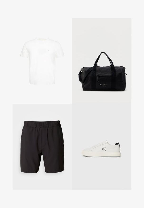 Weißes T-Shirt mit kurzen Ärmeln und Rundhalsausschnitt mit kleinem gesticktem "ck" Logo auf der linken Brust.; Schwarze Shorts aus elastischem Stoff mit einem elastischen Bund, Seitentaschen und einem schlichten, klaren Design. Keine Muster oder Verzierungen.; Weiße Leder-Sneaker mit runder Spitze, flacher Gummisohle und schwarzem Absatzakzent. Mit einem auffälligen schwarzen Calvin Klein-Logo an der Seite.; Schwarze Dufflebag aus strapazierfähigem Stoff, mit oberen Griffen, abnehmbarem Schulterriemen, vorderer Reißverschlusstasche und Logo-Akzent.
