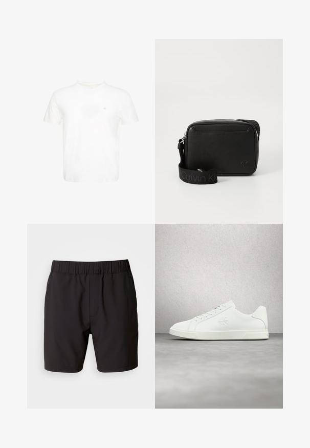 Witte T-shirt met korte mouwen en ronde hals met klein geborduurd "ck"-logo op de linkerborst.; Zwarte shorts van rekbare stof, met een elastische tailleband, zijzakken en een eenvoudig, strak ontwerp. Geen patronen of accenten.; Witte leren sneaker met een gladde afwerking, vetersluiting, logodetail aan de zijkant en een contrasterende witte rubberen zool.; Zwarte leren schoudertas met textuur, voorzien van een brede Calvin Klein-gemerkte stoffen schouderband en een klein, verhoogd cK-logo aan de voorkant.