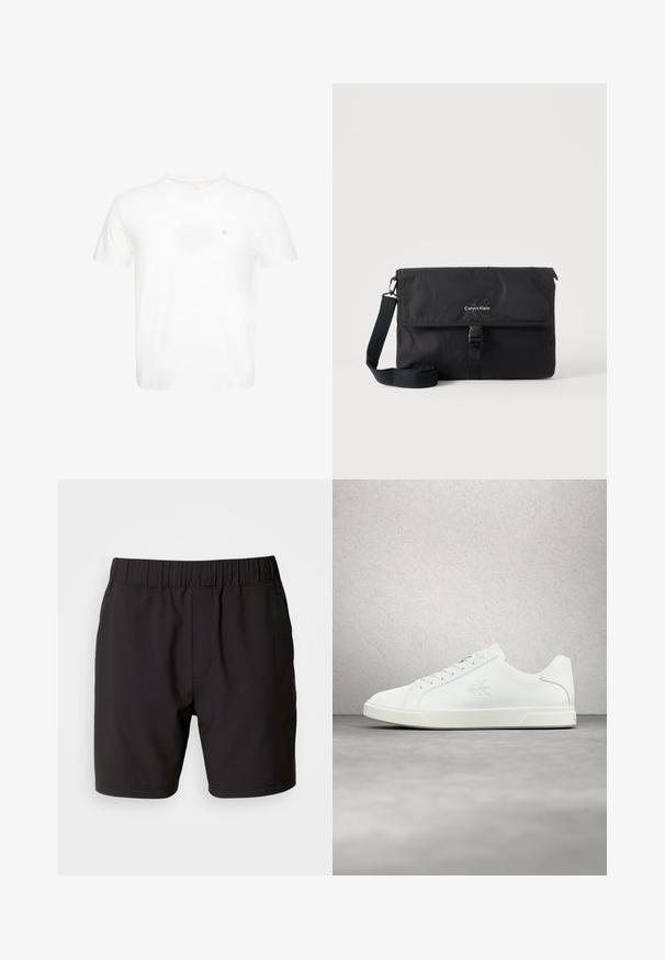 Hvid T-shirt med korte ærmer og rund hals med lille broderet "ck" logo på venstre bryst.; Sorte shorts lavet af strækbart stof, med en elastisk talje, sidelommer og et simpelt, rent design. Ingen mønstre eller detaljer.; Hvid lædersneaker med en glat overflade, snørelukning, logodetalje på siden og en kontrasterende hvid gummisål.; Sort Calvin Klein messenger-taske med justerbar skulderrem og frontklap sikret med spænde, vist mod en ensfarvet baggrund.