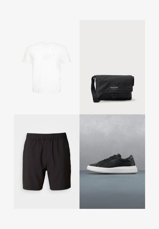 Weißes T-Shirt mit kurzen Ärmeln und Rundhalsausschnitt mit kleinem gesticktem "ck" Logo auf der linken Brust.; Schwarze Shorts aus elastischem Stoff mit einem elastischen Bund, Seitentaschen und einem schlichten, klaren Design. Keine Muster oder Verzierungen.; Schwarze Ledersneaker mit glatter Oberfläche, weißer Gummisohle, rundem Design, sechs Ösen für die Schnürsenkel und dezentem Branding an der Ferse.; Schwarze Umhängetasche aus strapazierfähigem Stoff, ausgestattet mit Klappe, vorderem Schnallenverschluss und Calvin Klein-Logo in Silber. Verstellbarer Riemen inklusive.