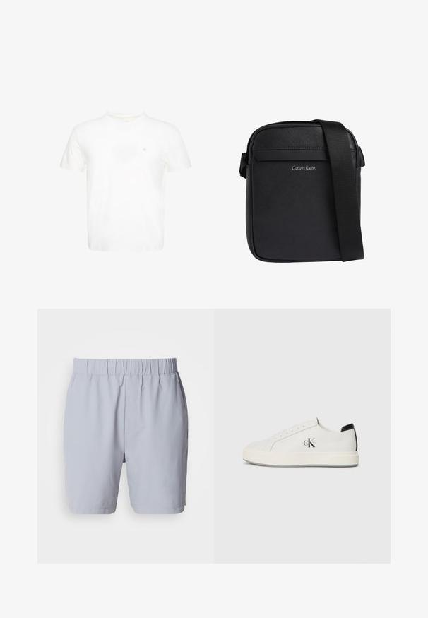 Hvid T-shirt med korte ærmer og rund hals med lille broderet "ck" logo på venstre bryst.; Lysegrå badebukser med elastisk talje, to sidelommer og et glat, letvægtsstof. Ingen synlige mønstre eller udsmykninger.; Hvide lædersneakers med rund tå, flad gummisål og sort hælaccent. Har et fremtrædende sort Calvin Klein-logo på siden.; Sort Calvin Klein crossbody taske med tekstureret overflade og justerbar skulderrem.