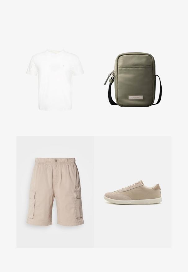 Witte T-shirt met korte mouwen en ronde hals met klein geborduurd "ck"-logo op de linkerborst.; Beige cargoshorts met een elastische tailleband, knoopsluiting, twee zijzakken en extra zakken op de dijen. Lichtgewicht stof.; Beige sneaker met een mix van suede en canvas materialen, voorzien van veters, een ronde neus, een gestructureerde zool en een subtiele merklogo aan de zijkant.; Compact olijfgroene crossbodytas met voorvak, zwarte verstelbare band, ritssluiting en Calvin Klein logoplaatje.