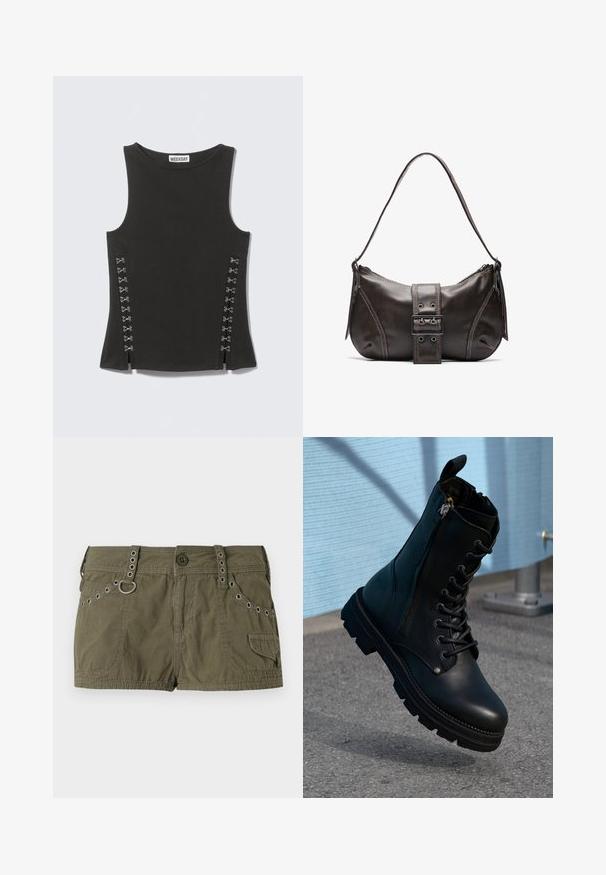 Zwarte mouwloze top met ronde halslijn en zilverkleurige haak- en oogsluitingen die in twee verticale rijen aan elke kant dicht bij de zoom zijn geplaatst.; Olijfgroene shorts van een lichtgewicht stof, met een tailleband met metalen accenten en zijzakken. Gestructureerd oppervlak met stikseldetails.; Zwarte leren enkellaarsjes met een vetersluiting, zijrits, een gestructureerde afwerking en een robuuste zool met opvallende noppen.; Bruine leren schoudertas met een gebogen vorm, voorzien van een opvallende gespdetail, contrasterende stiksels en een enkele schouderband.