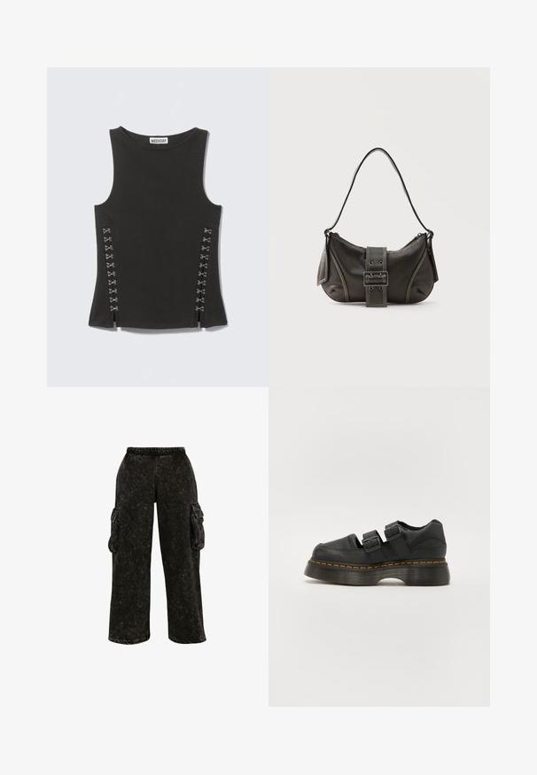Zwarte mouwloze top met ronde halslijn en zilverkleurige haak- en oogsluitingen die in twee verticale rijen aan elke kant dicht bij de zoom zijn geplaatst.; Zwarte cargo pants met een gestructureerde afwerking, elastische tailleband en zijzakken. Heeft wijde pijpen en een relaxte pasvorm.; Zwarte leren schoen met twee verstelbare gespbandjes, verhoogde geprofileerde zool en zichtbare oranje stiksels langs de middenzool.; Zwarte leren schoudertas met gespsluiting aan de riem, afgeronde hoeken en contrasterende witte stiksels op een effen achtergrond.