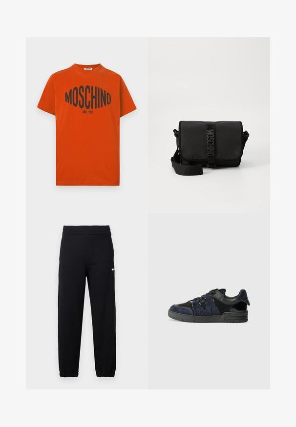 Rotes Baumwoll-T-Shirt mit einem auffälligen schwarzen "MOSCHINO"-Logo und dem Schriftzug "SINCE 1983" auf der Brust. Kurze Ärmel und abgerundeter Halsausschnitt.; Schwarze Jogginghose mit elastischem Bund und Bündchen, mit einem kleinen weißen Logo auf dem oberen linken Oberschenkel.; Schwarze und marineblaue Sneakers aus Wildleder und Mesh-Materialien, mit einer dicken Sohle und einem markanten Ausschnitt in Form eines "M"-Details an der Seite.; Schwarze Nylon-Crossbody-Tasche mit Klappe, ausgestattet mit einem auffälligen Logo-Gurtverschluss, verstellbarem Tragegurt und seitlichen Steppnähten.