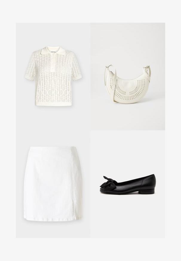 Witte gebreide polo met korte mouwen, kantpatroon, geribde boorden en zoom, en een knoopsluitende kraag.; Witte denim mini-jurk met een rechte snit, voorzien van een kleine zijsplit en schone stiksels voor een minimalistisch ontwerp.; Zwarte leren platte schoen met een afgeronde neus en een grote stoffen strik bovenop, met een lage hak en een gladde afwerking.; Witte vegan leren schoudertas met een geperforeerd cirkelontwerp, verstelbare schouderriem en gegraveerd logo op de voorkant. Ritssluiting aan de bovenkant.