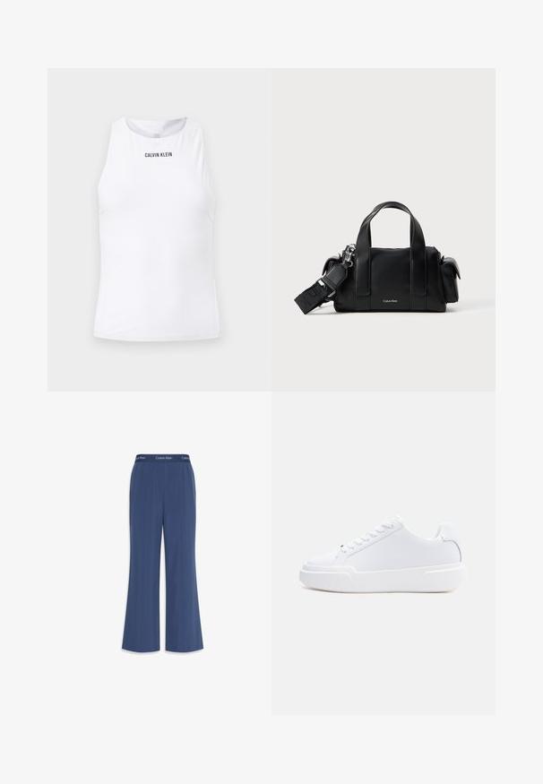 Weißes ärmelloses Sport-Top von Calvin Klein mit hohem Ausschnitt und dezent strukturierter Stoffqualität.; Marinefarbene weite Hosen aus weichem Stoff mit glatter Textur. Mit einem elastischen Bund, der mit dem "Calvin Klein"-Logo am oberen Rand versehen ist.; Weißer Sneaker mit niedrigem Schaft, Schnürverschluss, dicker Sohle und glattem Obermaterial, von der Außenseite vor einem einfarbigen hellen Hintergrund gezeigt.; Schwarze Lederhandtasche mit doppelten oberen Griffen und einem abnehmbaren Schultergurt. Verfügt über einen Reißverschluss und ein dezentes Logo auf der Vorderseite.