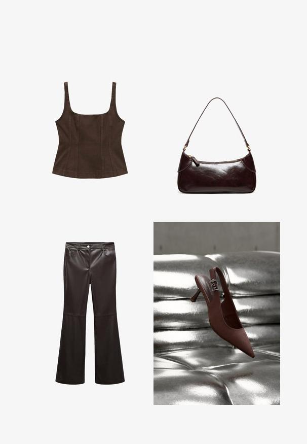 Haut brown sans manches avec un décolleté carré, design ajusté, détails de couture et tissu texturé. Pas d'ornements supplémentaires.; Pantalons évasés noirs en faux cuir lisse, dotés de poches avant, d'une fermeture éclair et d'un bouton argenté. Détails de couture accentués.; Chaussure slingback pointue marron avec talon bas et bride à boucle reposant sur une surface capitonnée argentée métallique brillante.; Sac à bandoulière en cuir marron foncé avec une seule sangle et une fermeture éclair, forme rectangulaire avec des bords arrondis sur fond blanc.