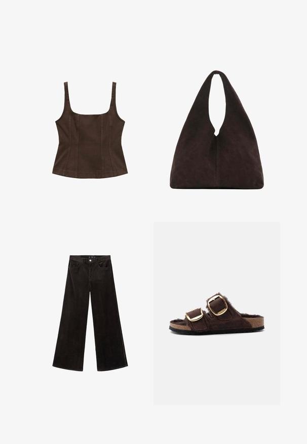 Haut brown sans manches avec un décolleté carré, design ajusté, détails de couture et tissu texturé. Pas d'ornements supplémentaires.; Pantalons en velours côtelé noirs à jambes larges avec une taille haute, poches avant, et un tissu texturé, dotés d'une fermeture à bouton et de passants de ceinture.; Sandale marron à bout ouvert avec deux boucles dorées réglables et une doublure douce et duveteuse sur une semelle en liège.; Sac à bandoulière triangulaire marron foncé doux avec une poignée large unique en haut et une texture de surface lisse.