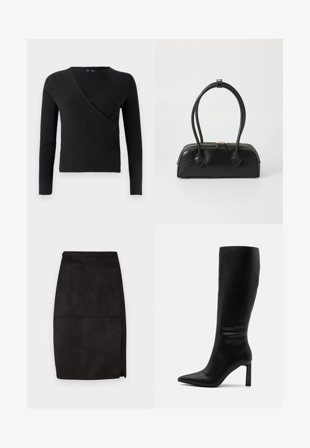 Zwart geribd wikkelshirt met lange mouwen, een V-halsontwerp en een aansluitende pasvorm. Zachte textuur en minimalistische stijl.; Zwarte suède pencil skirt met een rechte snit, een subtiele zijspleet en een zachte textuur. Eenvoudige tailleband en een strak design.; Even&Odd by Zalando Laarzen - black; Zwarte leren handtas met twee verlengde handvatten, ritsluiting en ronde vorm; gladde textuur met subtiele glanzende afwerking.