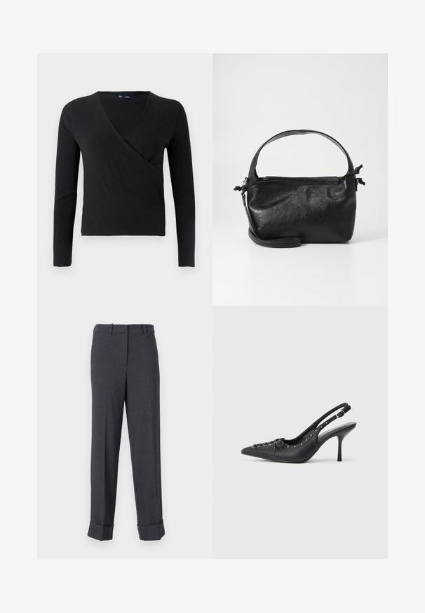 Haut cache-cœur noir à manches longues côtelées avec un col en V et une silhouette ajustée. Texture douce et style minimaliste.; Pantalons gris ajustés en tissu texturé, présentant une jambe droite, des passants de ceinture et des ourlets retroussés pour une apparence structurée.; Escarpin en cuir noir à talon aiguille avec un bout pointu, une bride latérale à boucle, des clous le long du bord et un laçage décoratif à l'avant.; Sac à main en cuir noir au design structuré, avec une poignée arrondie et une bandoulière amovible. Présente une texture lisse et un éclat subtil.