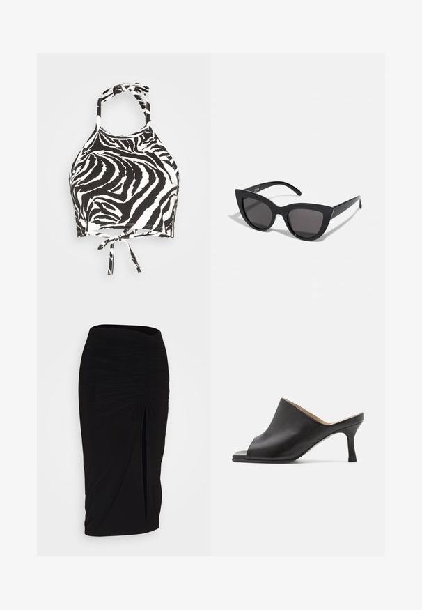 Monki Débardeur - offwhite; Jupe crayon noire froncée avec détail à nouer et fente latérale. Fabriquée à partir d'un tissu extensible, elle présente une texture lisse et une coupe ajustée.; Selected ASHLEY - Mules à talons - black; Lunettes de soleil noires en forme d'œil de chat avec une finition mate, dotées de verres teintés gris, d'angles aigus et de branches élégantes. Nom de la marque visible sur la branche intérieure.