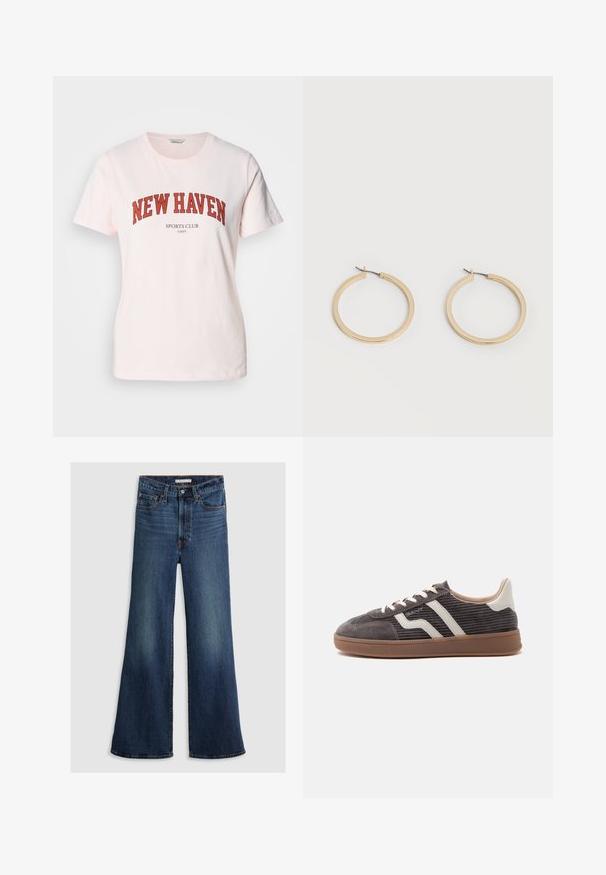 Lyserød bomulds t-shirt med "NEW HAVEN" i fede røde bogstaver, og "SPORTS CLUB" nedenunder. Korte ærmer og rund halsudskæring.; Bredde ben jeans i mørkeblå denim med høj talje, fem-lomme design og kontrasterende syninger langs sømmene og taljebåndet.; Enkel mørkegrå sneaker med hvide læderdetaljer, teksturerede sider, hvide snørebånd og en brun gummisål, vist fra siden på en ensfarvet baggrund.; Par af glatte guldfarvede mellemstore øreringe med hængsellukning på en ensartet lys baggrund.