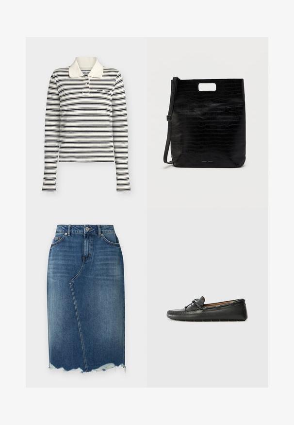 Polo blanc à manches longues avec des rayures horizontales noires et deux boutons au col.; Jupe crayon en jean bleu avec couture asymétrique à l'avant, ourlet effiloché, passants de ceinture et poches avant.; Bateau en cuir noir avec un bout arrondi, des détails de couture, un petit accent en nœud et une semelle en caoutchouc. Texture lisse et design épuré.; Sac fourre-tout en simili cuir noir avec texture crocodile, forme rectangulaire, découpes pour les poignées sur le dessus et bandoulière amovible. Logo de la marque affiché.