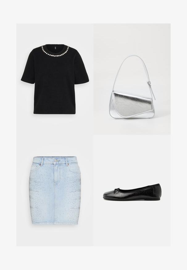 Jersey negro de manga corta con cuello redondo adornado con una sola fila de pequeñas embellishments florales blancas.; Falda de mezclilla azul claro con un diseño ajustado, cintura media y adornada con tachuelas plateadas en un patrón degradado en un lado.; Bailarina negra brillante de cuero con tacón bajo y pequeño lazo decorativo en la parte delantera, mostrada de lado sobre fondo claro y liso.; Bolso de mano metálico plateado con forma triangular, textura suave y una fina correa de hombro ajustable. Presenta un diseño plegable con costuras.