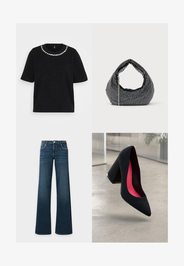 Pull en maille noir à manches courtes avec col rond orné d'une seule rangée de petites décorations florales blanches.; Jean évasé bleu foncé avec des clous argentés dessinant les poches avant, une fermeture à bouton et des passants de ceinture, posé à plat sur un fond blanc.; Chaussure à talon haut noire avec un bout pointu et une tige texturée. Intérieur avec une doublure rose vif. Talon carré avec un accent métallique à la base.; Sac à main en maille noire orné de clous en argent, avec une poignée incurvée et une bandoulière en chaîne. Texture douce avec une forme arrondie.