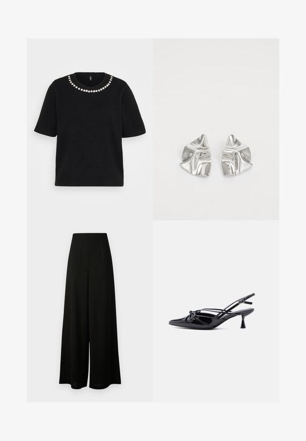 Jersey negro de manga corta con cuello redondo adornado con una sola fila de pequeñas embellishments florales blancas.; Vero Moda Tall VMLIVA SUPER WIDE PANTS - Pantalones - black; Zapato de salón slingback de charol negro con punta afilada, tacón bajo tipo kitten, y detalle decorativo de lazo anudado en la parte delantera.; Pendientes de metal plateado con un diseño ondulado y escultórico, que presentan un acabado pulido y formas irregulares, destacando una estética contemporánea.