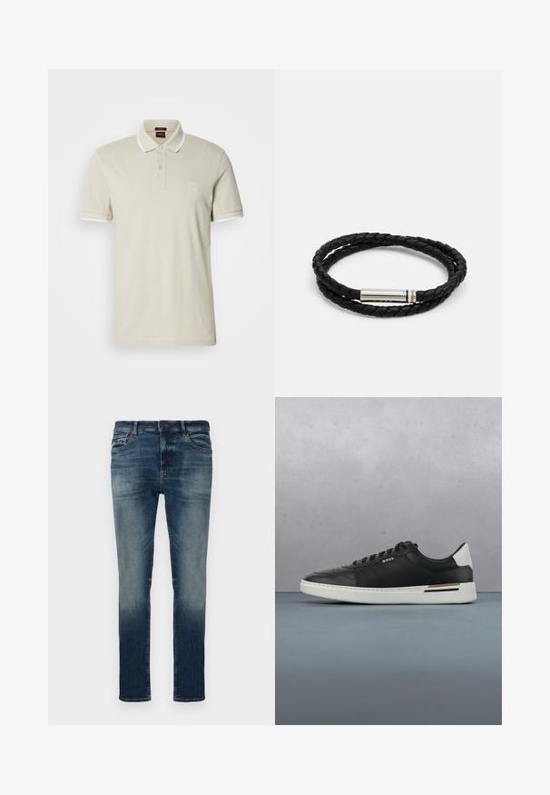 Lichtbeige polo van katoen. Voorzien van een klassieke kraag, een twee-knopen sluiting en contrasterende witte manchetten. Inclusief een logopatch.; Donkerblauwe denim jeans met een vervaagde was, slim fit, vijfzakken ontwerp, riemlussen en metalen knoopsluiting. Zachte textuur.; Zwarte leren sneaker met witte zool, voorzien van perforaties, vetersluiting, logo aan de zijkant en contrasterend hieldetail in wit en bruin.; Zwart gevlochten leren armband met een zilveren cilindrische sluiting met twee metalen accentlijnen. Het ontwerp is flexibel en wikkelt zich twee keer om de pols.