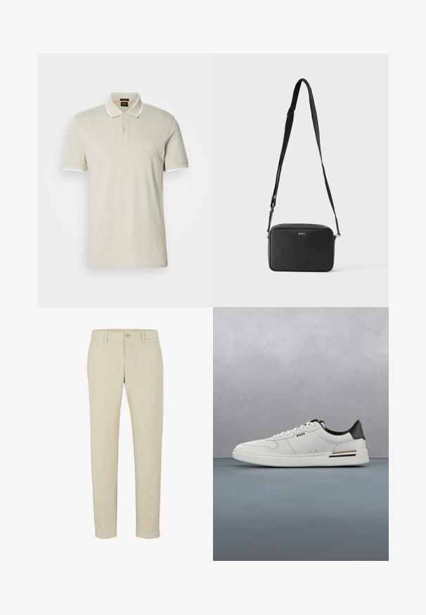 Lichtbeige polo van katoen. Voorzien van een klassieke kraag, een twee-knopen sluiting en contrasterende witte manchetten. Inclusief een logopatch.; Beige gepaste broek met rits, enkele knoopsluiting en riemlussen. Soepele stof met een rechte pasvorm en geen zichtbare patronen.; Witte lage sneaker met zwarte hiel, vetersluiting, subtiele perforaties en het "BOSS" logo aan de zijkant, getoond vanuit het zijprofiel.; Zwarte rechthoekige crossbodytas met verstelbare band en BOSS-logo aan de voorkant, tegen een effen lichte achtergrond.