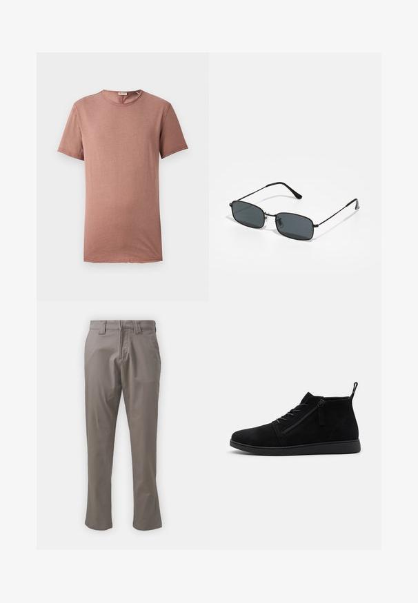 Korte mouwen, crew-neck t-shirt in grijzige roos. Zachte stof met minimale details en een rechte snit, geschikt voor casual kleding.; Lichtgrijze, recht gesneden broeken van gladde stof. Voorzien van een standaard tailleband en ceintuurlussen, zonder zichtbare patronen of versieringen.; Zwarte suède enkellaarsjes hebben een ronde neus, veters aan de voorkant en een zijrits. De zool is plat met een gestructureerde afwerking voor grip.; Zwarte metalen zonnebril met rechthoekige donkere glazen, dunne pootjes en verstelbare neuspads. Lichtgewicht ontwerp met minimale hardware.