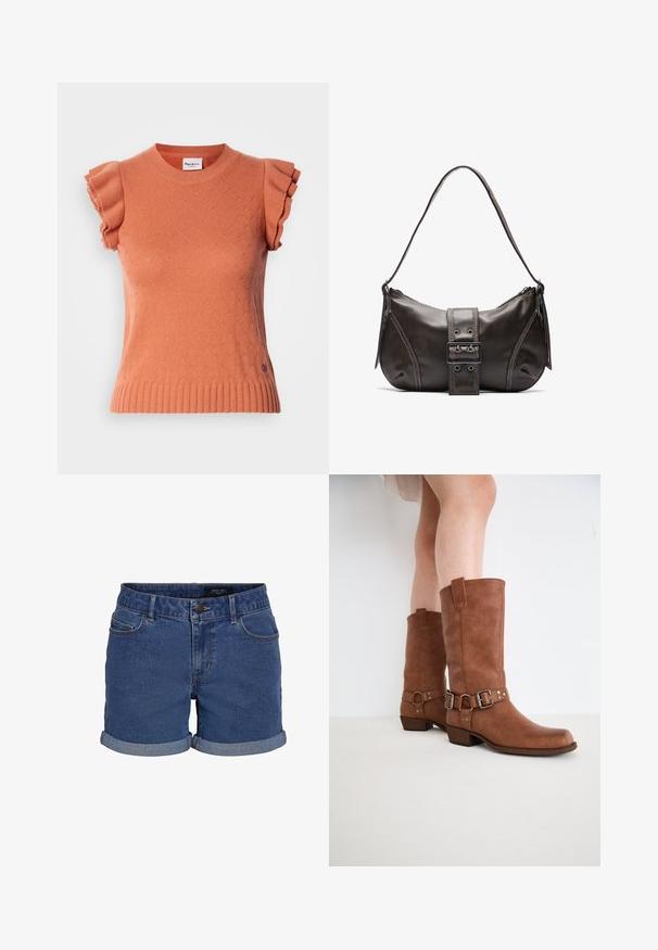 Oranje trui met korte mouwen en ruches aan de mouwen, met een gestructureerd patroon en een geribbelde zoom. Merklable zichtbaar aan de voorkant.; Denim shorts in donkerblauw met een klassieke snit. Beschikt over opgerolde zomen, twee voorzakken en een knoopsluiting. Glad textuur.; Bruine leren enkellaarzen met een lichtpuntige neus, decoratieve gespen en een lage, gestapelde hak. Glad oppervlak met een matte afwerking.; Bruine leren schoudertas met een gebogen vorm, voorzien van een opvallende gespdetail, contrasterende stiksels en een enkele schouderband.