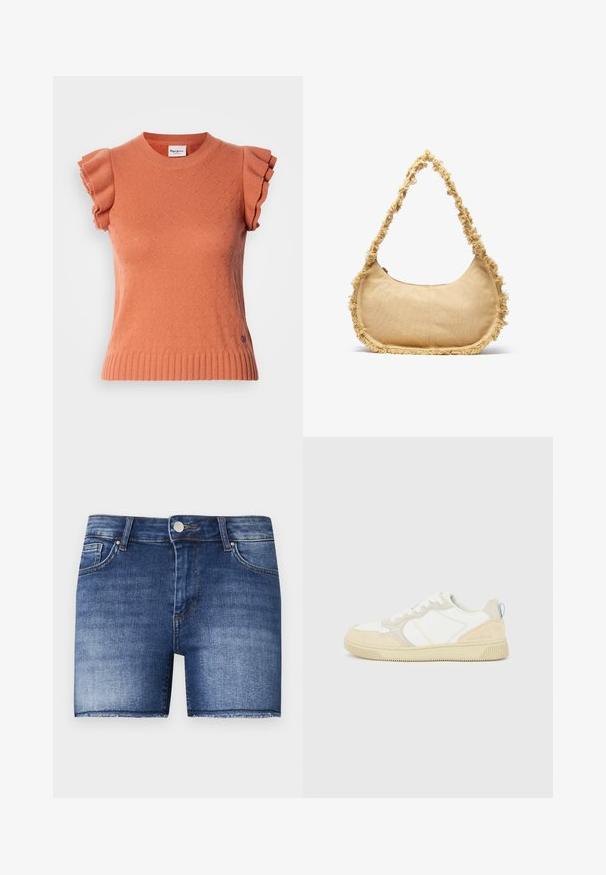 Orange kortærmet strikket sweater med flæseærmer, der har et tekstureret mønster og en ribbet kant. Mærkeetiketten er synlig på forsiden.; Denimshorts i en mellemblå vask med lige snit. Har slidte områder, en frontlomme og en rå kant forneden.; Hvid og beige sneaker med en overdel i ruskind og tekstil, med kontrastsyninger, en gummisål og en lyseblå detalje på hælen.; Struktureret beige taske med en rund form, frynset kant langs kanterne og en kort rem til at bære. Lynlåsåbning på toppen.