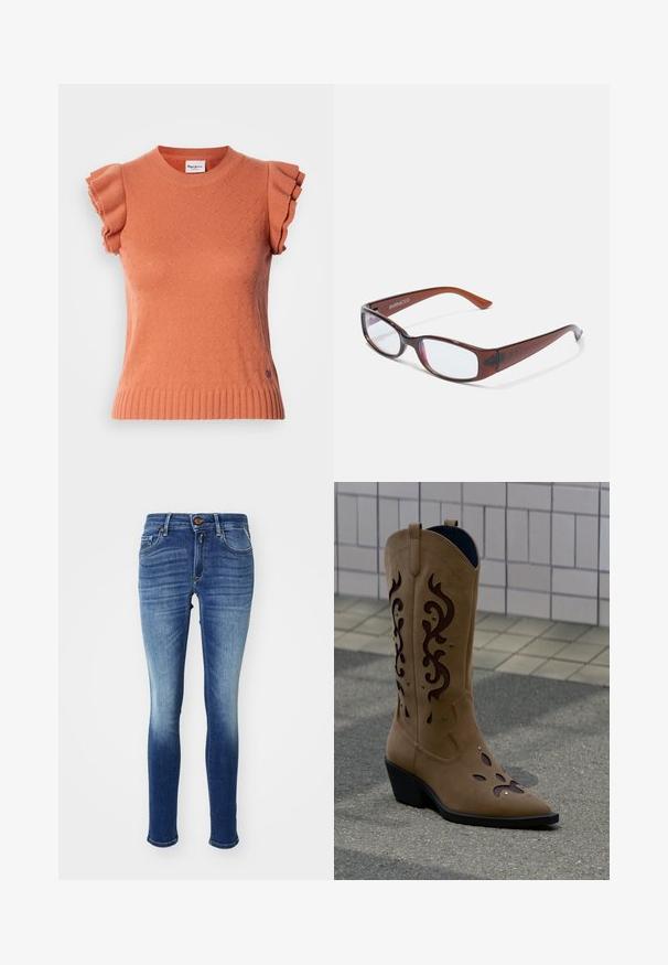 Orangefarbener, kurzärmeliger Strickpullover mit gerafften Ärmeln, einem strukturierten Muster und einem gerippten Saum. Markenetikett vorne sichtbar.; Engen Jeans in einem blauen Denim mit Farbverlauf, ausgestattet mit fünf Taschen, einem Knopfverschluss und sanften Verblassungen Richtung Knöchel. Klassisches Design.; Beiger Wildleder-Cowboystiefel mit dunkelbraunen dekorativen Ausschnitten und Nähten, stehend auf Gehweg vor gefliester Wand.; Braun getönte rechteckige Brille mit glänzender Oberfläche, schlanken Bügeln und transparenten Gläsern. Logo auf dem linken Bügel sichtbar.