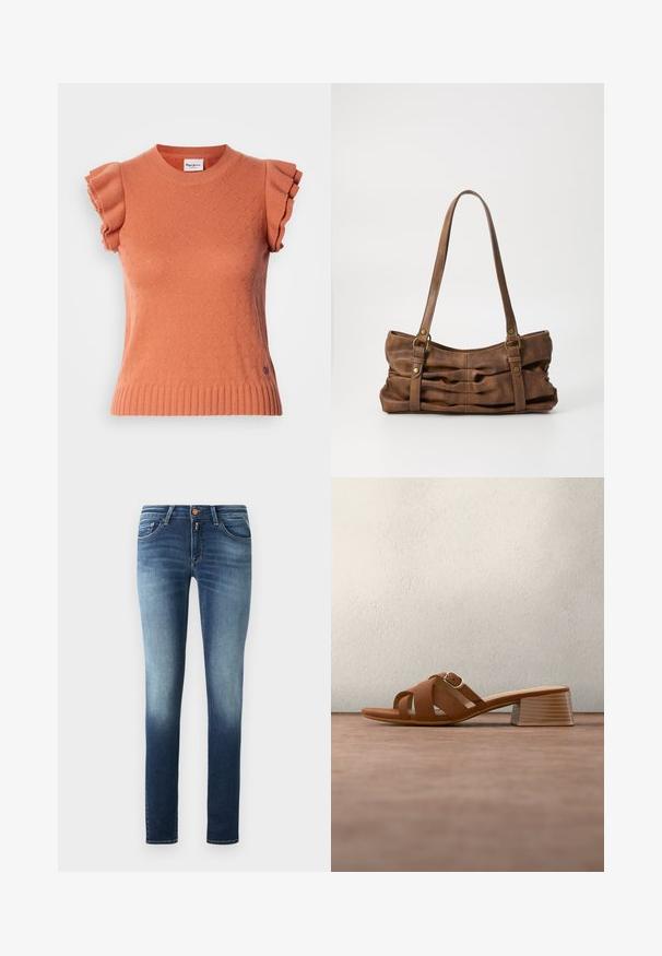 Oranje trui met korte mouwen en ruches aan de mouwen, met een gestructureerd patroon en een geribbelde zoom. Merklable zichtbaar aan de voorkant.; Skinny jeans van denim met een blauwe gradient van donker naar licht. Vijfzakkenontwerp met een ritssluiting en metalen knop. Soepele textuur.; Bruine leren muil met open teen, blokhak en gekruiste bandjes, tegen een grijze vloer en een vage donkere achtergrond.; Even&Odd Handtas - brown