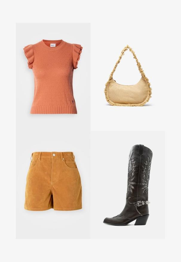Suéter de punto naranja de manga corta con mangas con volantes, que presenta un patrón texturizado y un dobladillo acanalado. Etiqueta de la marca visible en la parte delantera.; Pantalones cortos de ante marrón de cintura alta con botón frontal, lazos para cinturón y diseño de cinco bolsillos sobre un fondo blanco liso.; Bota cowboy de cuero negro con recortes decorativos, hebilla plateada y tacón inclinado, presentada sobre fondo blanco.; Bolso beige texturizado con forma redondeada, con un borde deshilachado a lo largo de los lados y una correa corta para llevar. Apertura con cremallera en la parte superior.